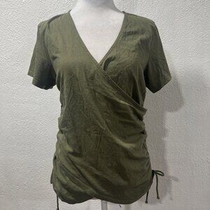 INC Women Top SZ XL Green V Neck Adjustable Ruching Mock Wrap Trendy Y2K Blouse